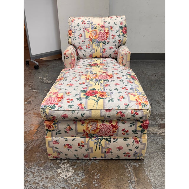 Design Plus Gallery presents a Bespoke Chaise Lounge. Upholstered in a multicolor floral chintz fabric, this chaise...