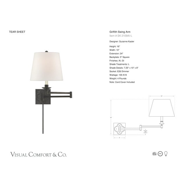 Transitional Suzanne Kasler for Visual Comfort Signature Griffith Swing Arm in Aged Iron with Linen Shade For Sale - Image 3 of 6