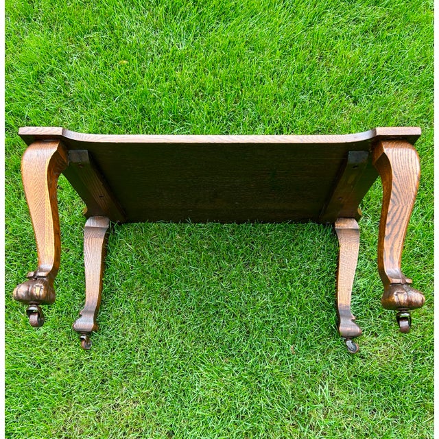 Antique, Tiger Oak, Coffee Table With Cabriole Legs, Eagle’s Talon Feet, and Wooden Casters, 1870’s For Sale - Image 12 of 12