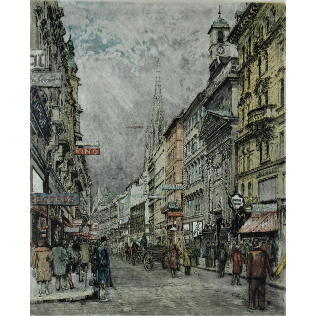 This artwork Busy Street, Vienna" c. 1970 is a color etching by noted Austrian artist Robert Kasimir, 1914-2002. It is...