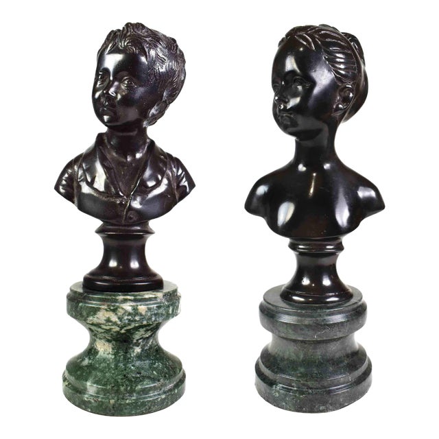 Vintage Neoclassical Bronze Boy and Girl Bust on Marble Base Figurines- A Pair For Sale