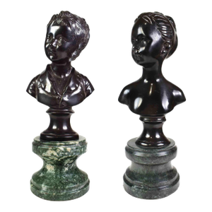 Vintage Neoclassical Bronze Boy and Girl Bust on Marble Base Figurines- A Pair