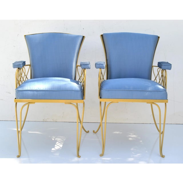 Blue René Prou Art Deco Gold Wrought Iron Dining Room Chairs Blue Fabric - Set of 14 For Sale - Image 8 of 12