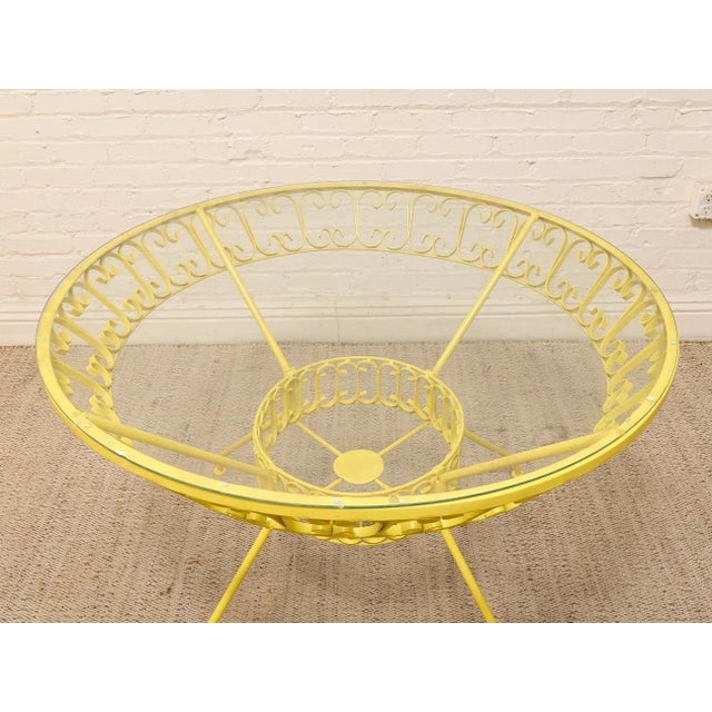 Mid 20th Century Styled After Arthur Umanoff Vintage Yellow Patio Dining Set With Glass Top Table and Four Chairs For Sale - Image 10 of 12