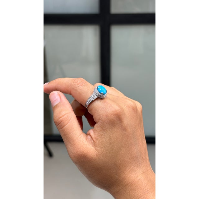 Not Yet Made - Made To Order Statement 1.47 Carat Turquoise & Diamond Halo Cocktail Ring Size 4 in 14k White Gold For Sale - Image 5 of 16