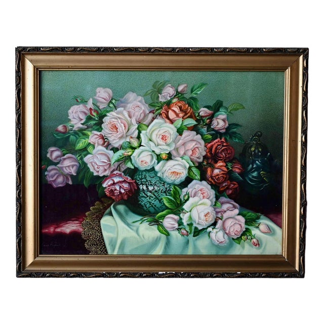 Floral Still Life, Early 20th Century, Chromolithograph on Canvas, Framed For Sale