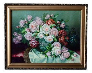 Floral Still Life, Early 20th Century, Chromolithograph on Canvas, Framed