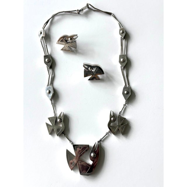 Late 20th Century Modern Bird Motif Sterling Silver Necklace and Earrings Set Graziella Laffi For Sale - Image 5 of 14
