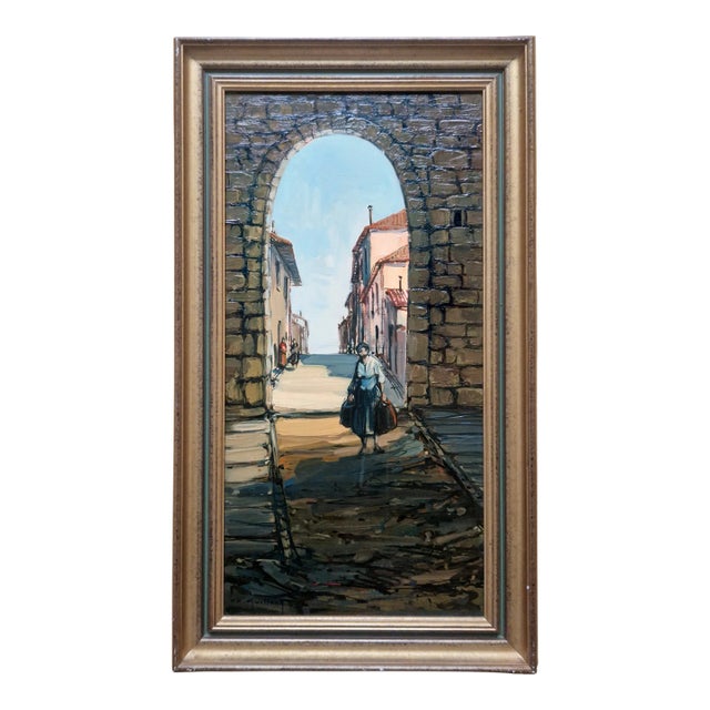 Mid-20th Century A. Guillou - European Street Scene With Archway, Oil on Canvas For Sale