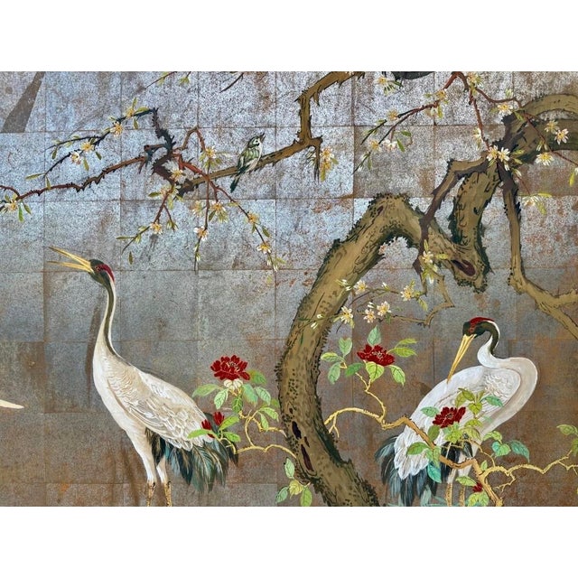 1920s Large Japanese Chinoiserie Crane Painting on Wood Panel W/ Silver, Gold, & Copper Leaf — Art Deco Framed For Sale In San Diego - Image 6 of 18