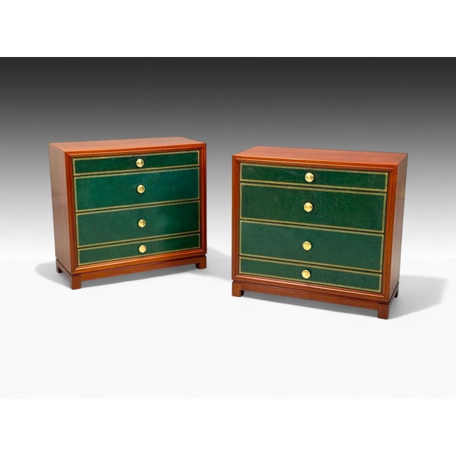 Tommi Parzinger, Charak Modern, Wood, Brass, Green Leather, Commodes or Nightstands, USA, 1950s Pair of stained wood and...