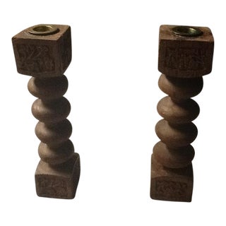 Vintage Mexican Wood Hand-Carved Hacienda Candle Holders - a Pair For Sale