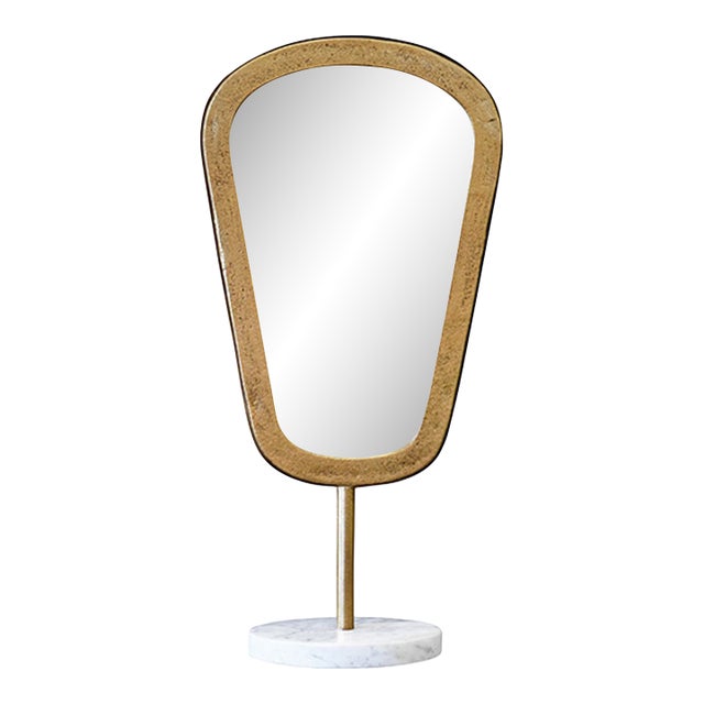 Matthew Izzo Home Large Micah Aged Gold Table Top Mirror on White Marble Base For Sale