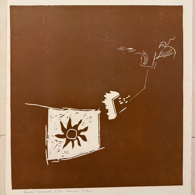 Linocut on paper Numbered 3/50 International artist Claudio Granaroli Year 1970 Abstract theme on a brown background White...