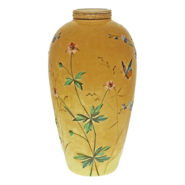 Antique Amber Yellow Art Glass Vase Cased Glass with Butterfly Wildflower Decor For Sale