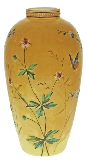 Antique Amber Yellow Art Glass Vase Cased Glass with Butterfly Wildflower Decor