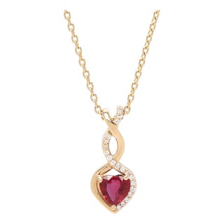 0.62ctw Diamond and Ruby Heart Charm Necklace, 18k Yellow Gold, Length 18 In. For Sale