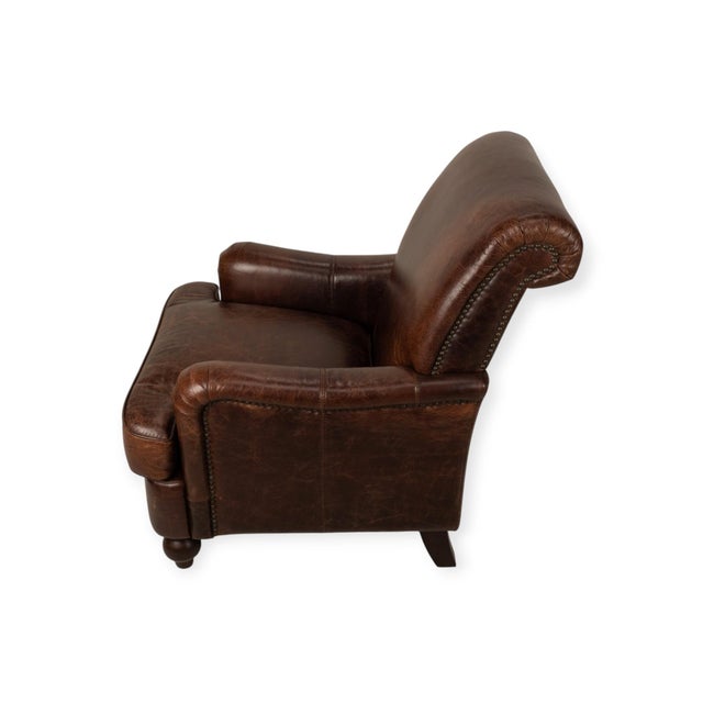 Lazzaro Brown Leather Club Chair With Nailhead Trim and Turned Wood Legs For Sale - Image 10 of 10