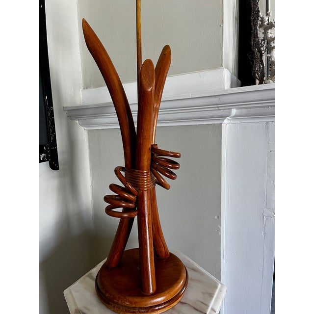 Rattan and Wood Hourglass Style MCM Sculptural Lamp For Sale - Image 4 of 7