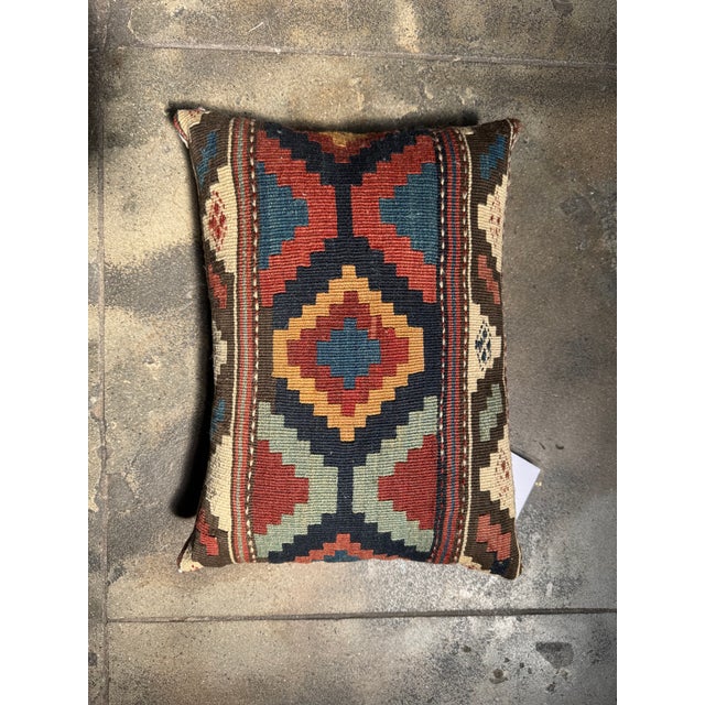 Multicolor Geometric Accent Pillow Made From 19th Century Handwoven Wool Ghashghai Kilim Rug For Sale - Image 4 of 4