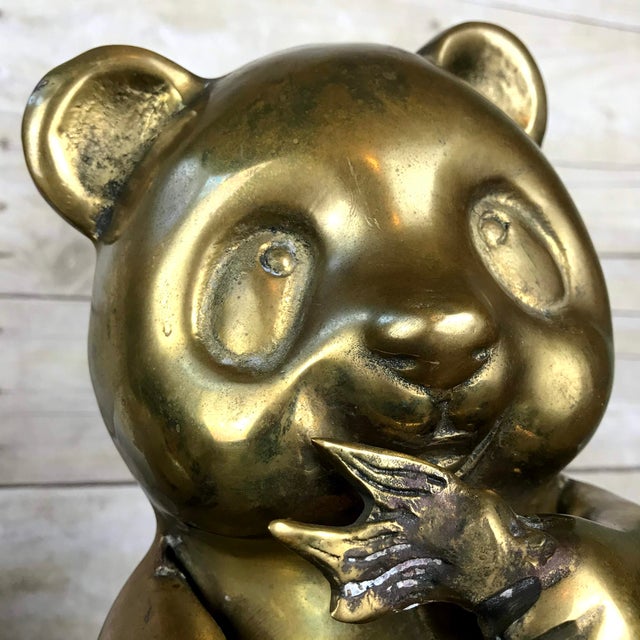 Vintage Mid-Century Brass Panda Bear Eating Bamboo Home Decor Heavy Statue For Sale - Image 9 of 14