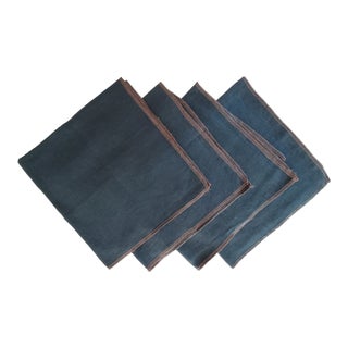 Blue Green Linen Napkins With Tan Overlock Edges - Set of 4 For Sale