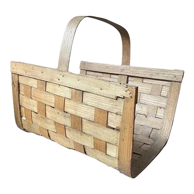 1970s Split Oak Splint Wood Fireplace Log Kindling Basket Caddy With Handle For Sale