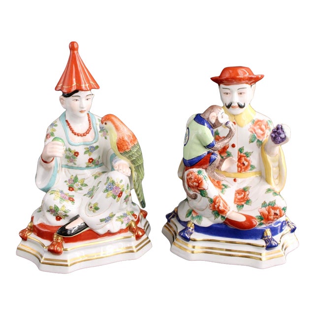 VTG Pair of Chelsea House Chinoiserie Figures Meissen Style Monkey Parrot For Sale
