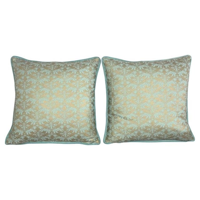 Melissa Levinson Custom Fortuny Decorative Pillows in Gilt Gold & Aquamarine, Italy For Sale - Image 4 of 13