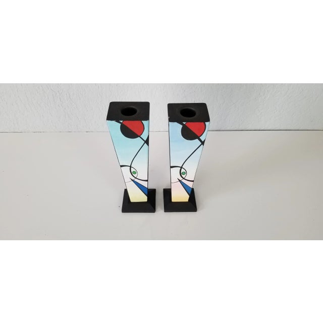 1990s Postmodern Memphis Style Hand Painted Candle Holders - A Pair/ Sold For Sale - Image 4 of 7