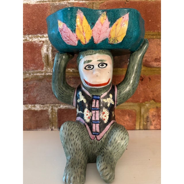 Mid 20th Century Chinese Porcelain Monkey in Floral Vest Holding a Lotus Bowl For Sale - Image 12 of 12