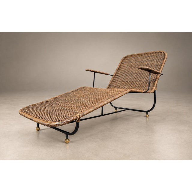 Metal Brazilian Modern Sculptural Chaise in Wicker, Mohair, Steel and Brass, Att. Carlo Hauner, Brazil, 1950s For Sale - Image 7 of 18