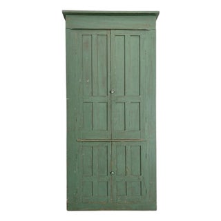 Primitive Painted Green Four Door Cabinet With Original Brass Sliding Lock For Sale