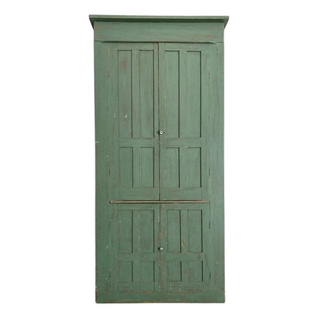 Primitive Painted Green Four Door Cabinet With Original Brass Sliding Lock For Sale