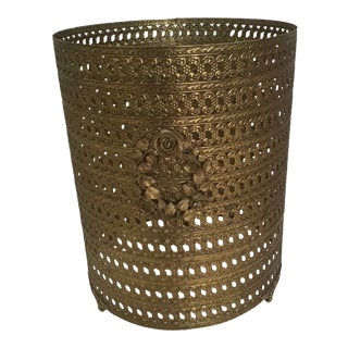 Regency Metal Rose Filigree Trash Basket Can For Sale