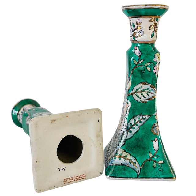 Vintage Chinese Famille Verte Floral Porcelain Candlesticks - A Pair For Sale - Image 10 of 10