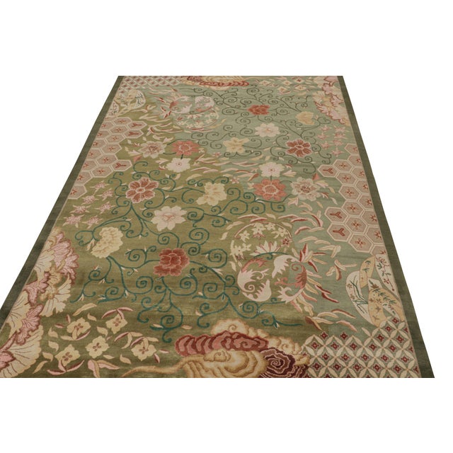 2010s Rug & Kilim’s Chinese Style Art Deco Rug in Green With Red & Gold Florals For Sale - Image 5 of 7