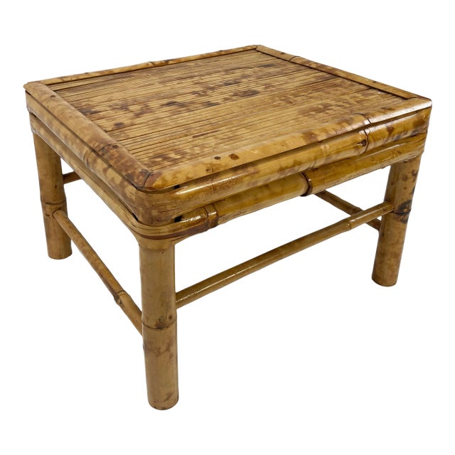 Large Vintage Burnt Tortoise Shell Bamboo Low Stool Drink Table Plant Stand For Sale