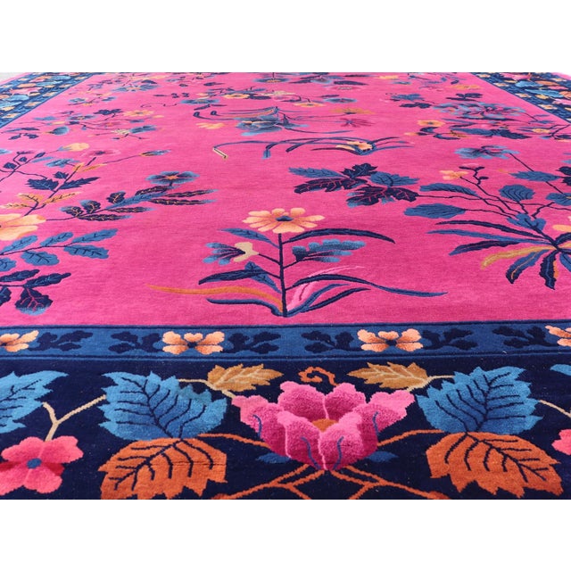 Magenta Background Chinese Art Deco Rug With Large Vining Flowers and Leaves 12'0 X 14'8 For Sale In Atlanta - Image 6 of 12