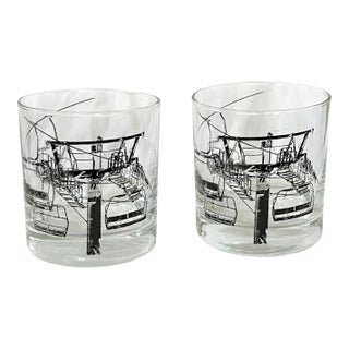 Vintage Ski Lift & Gondola Double Old Fashioned Cocktail Glasses Georges Briard Style – Pair For Sale