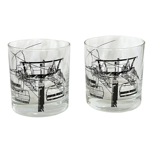 Vintage Ski Lift & Gondola Double Old Fashioned Cocktail Glasses Georges Briard Style – Pair For Sale