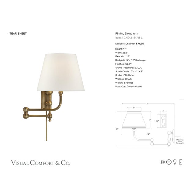 Traditional Chapman & Myers for Visual Comfort Signature Pimlico Swing Arm in Antique-Burnished Brass with Linen Shade For Sale - Image 3 of 6