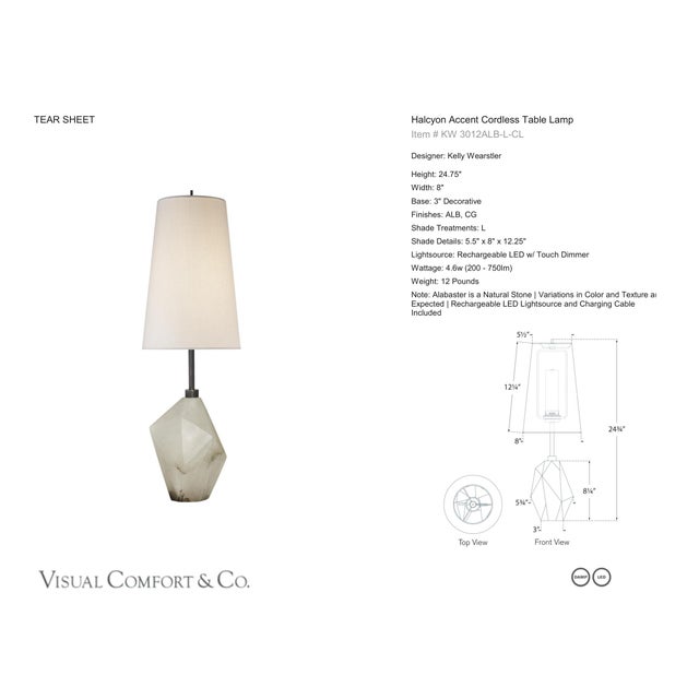 Kelly Wearstler by Visual Comfort Signature Halcyon Accent Cordless Table Lamp in Alabaster with Linen Shade Designer:...