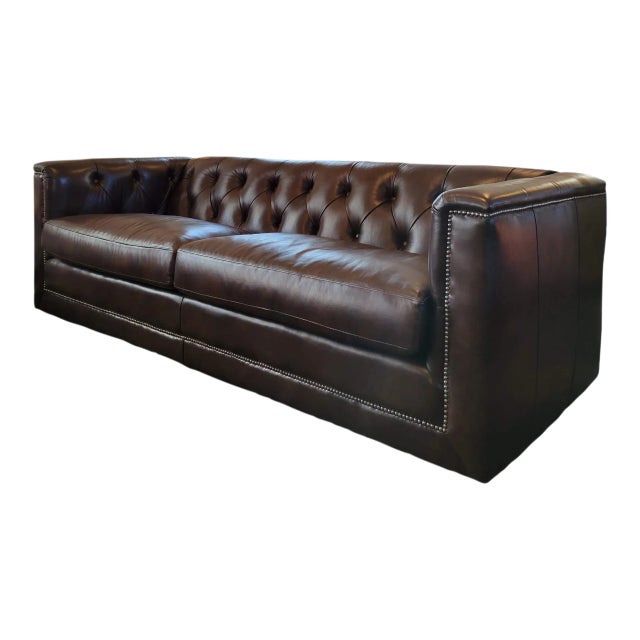 Contemporary Olivia & Quinn Modern Button and Tufted “Spellbound Leather” Sofa For Sale