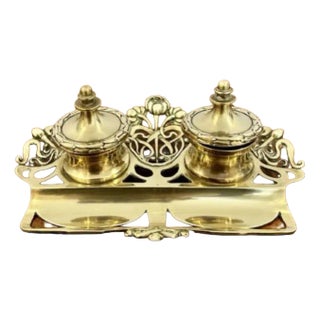 Antique Victorian Ornate Brass Inkwell, 1880s For Sale