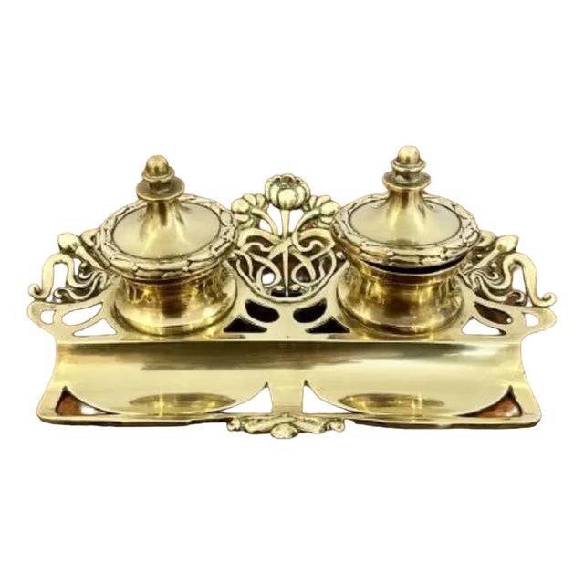 Antique Victorian Ornate Brass Inkwell, 1880s For Sale