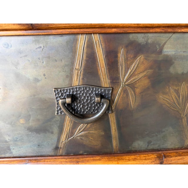1980s Vintage Chinese Faux Bamboo Two-Drawer Nightstand With Bronze Bamboo Relief Panels For Sale - Image 5 of 12
