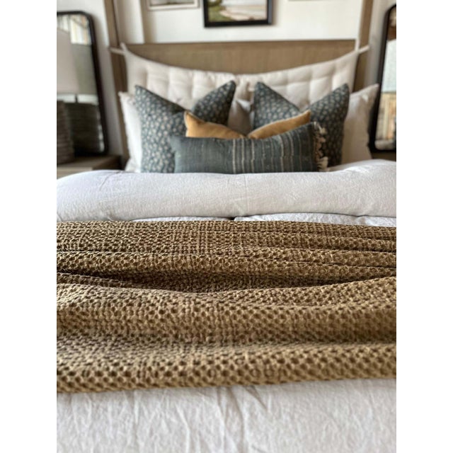 French French Cotton Waffle Baffle Coverlet Blanket Queen or King Size in Tabac For Sale - Image 3 of 6