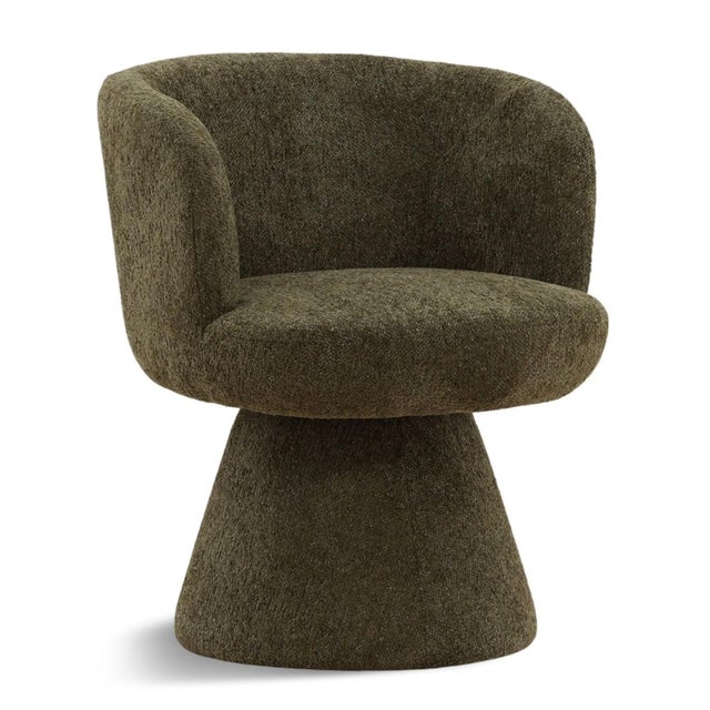 Soft sculptural pedestal base swivel accent chair with a refined modern presence. Wrapped in richly textured forest green...