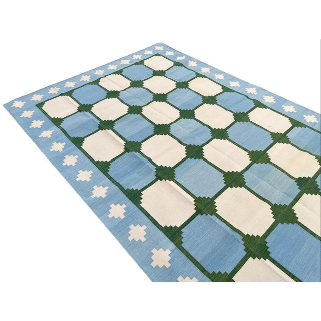 Textile Handmade Cotton Area Rug Vegetable Dyed Sky Blue and Green Vista Rug-10'x14' For Sale - Image 7 of 11